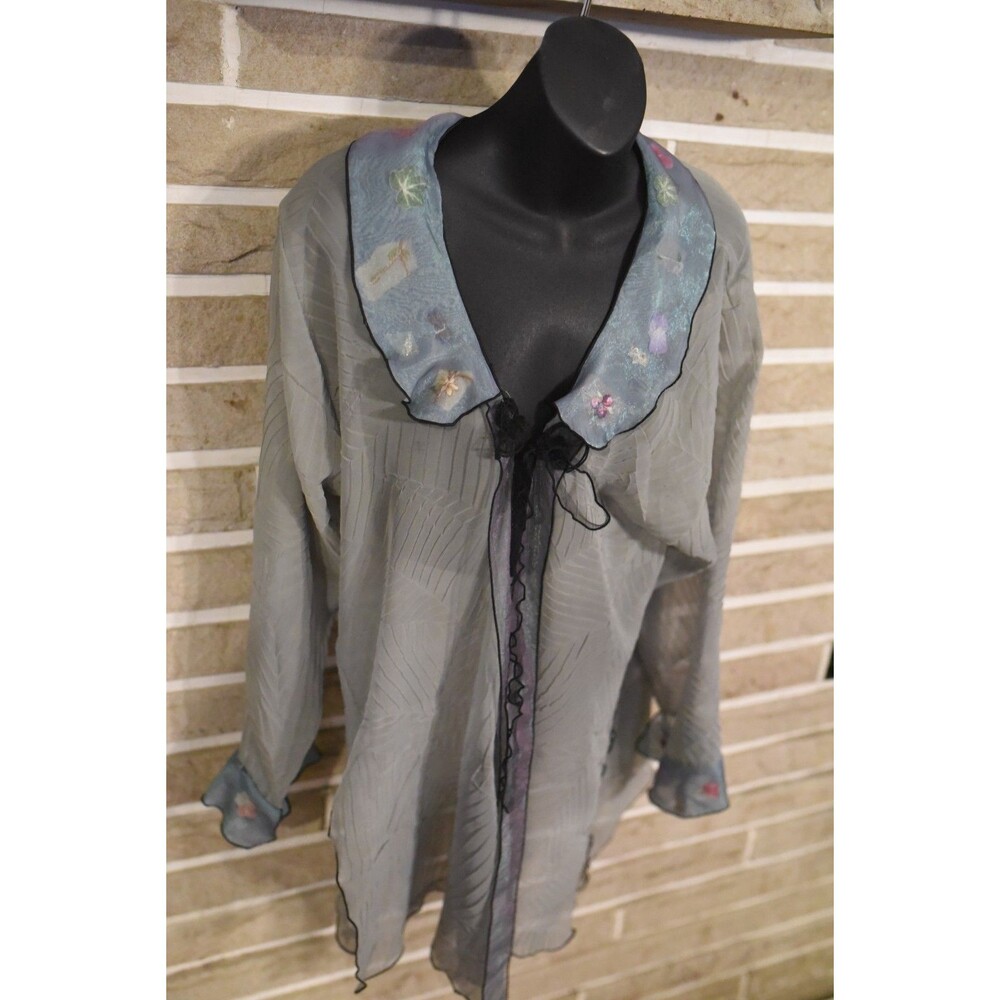 Lee Anderson Cardigan M Green Floral Sheer Art to Wear Fairy Lagenlook Vtg
